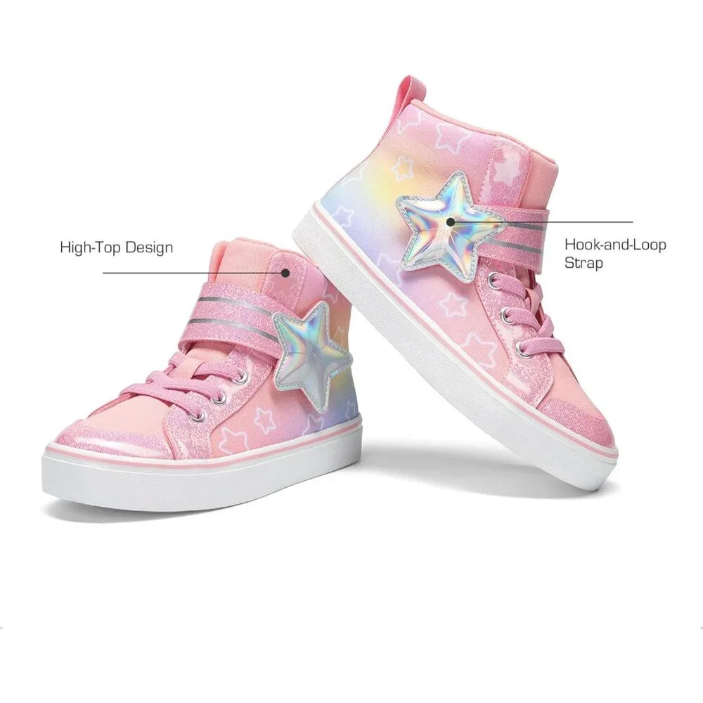 Kid's Girls Sneaker Hook Loop Sparkly Shiny Star Comfortable Casual Pink Shoes - Picture 4 of 6